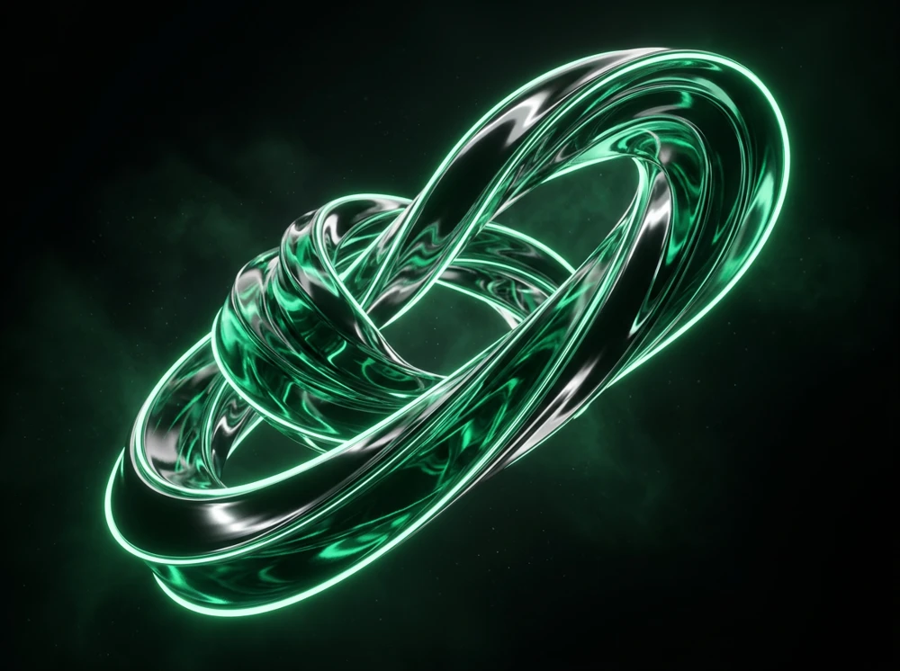Sculptural emerald glass loop with luminous reflections against a dark backdrop